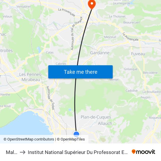 Malpassé to Institut National Supérieur Du Professorat Et De L'Éducation (Site D'Aix-En-Provence) map