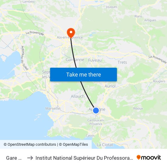 Gare D'Aubagne to Institut National Supérieur Du Professorat Et De L'Éducation (Site D'Aix-En-Provence) map
