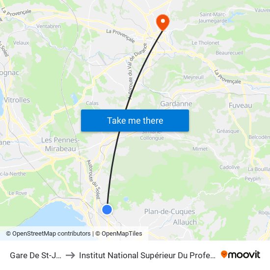 Gare De St-Joseph-Le-Castellas to Institut National Supérieur Du Professorat Et De L'Éducation (Site D'Aix-En-Provence) map