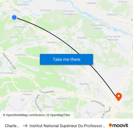 Charles De Gaulle to Institut National Supérieur Du Professorat Et De L'Éducation (Site D'Aix-En-Provence) map