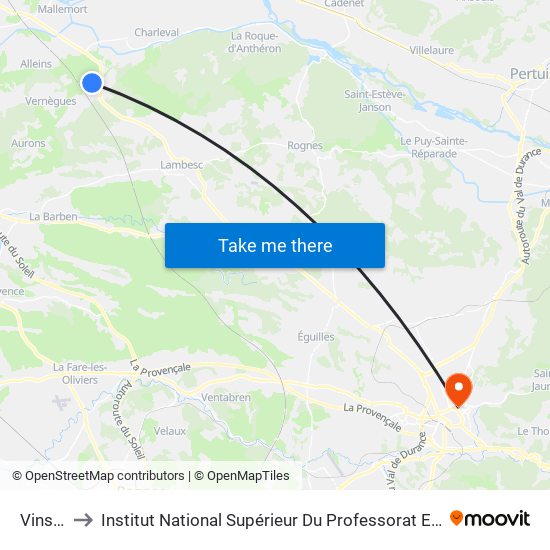 Vinsargues to Institut National Supérieur Du Professorat Et De L'Éducation (Site D'Aix-En-Provence) map