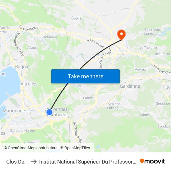 Clos De La Cadière to Institut National Supérieur Du Professorat Et De L'Éducation (Site D'Aix-En-Provence) map