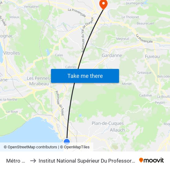 Métro Bougainville to Institut National Supérieur Du Professorat Et De L'Éducation (Site D'Aix-En-Provence) map