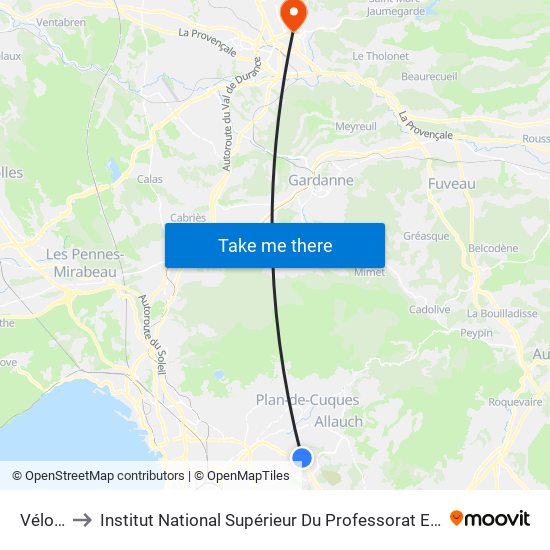 Vélodrome to Institut National Supérieur Du Professorat Et De L'Éducation (Site D'Aix-En-Provence) map
