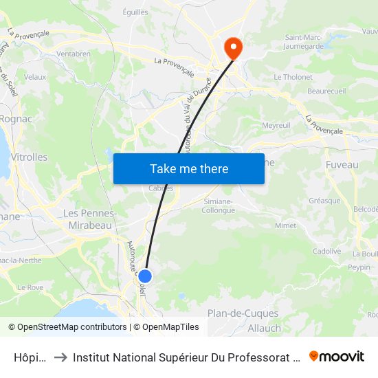 Hôpital Nord to Institut National Supérieur Du Professorat Et De L'Éducation (Site D'Aix-En-Provence) map