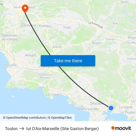 Toulon to Iut D'Aix-Marseille (Site Gaston Berger) map