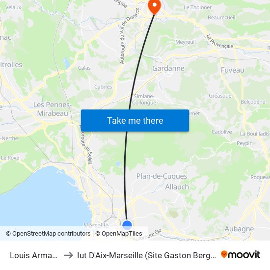 Louis Armand to Iut D'Aix-Marseille (Site Gaston Berger) map