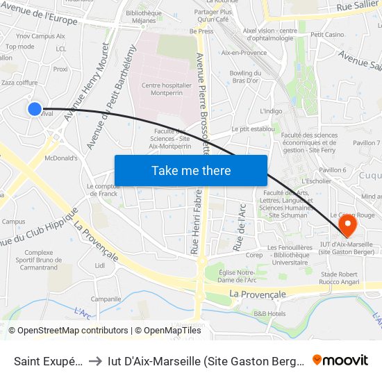Saint Exupéry to Iut D'Aix-Marseille (Site Gaston Berger) map