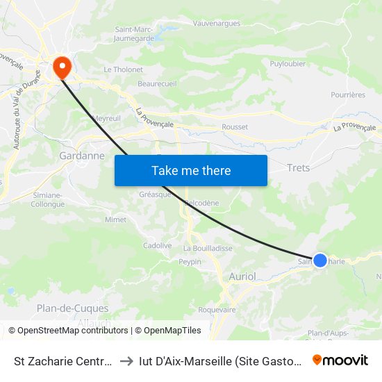 St Zacharie Centre Ville to Iut D'Aix-Marseille (Site Gaston Berger) map