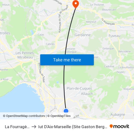 La Fourragère to Iut D'Aix-Marseille (Site Gaston Berger) map