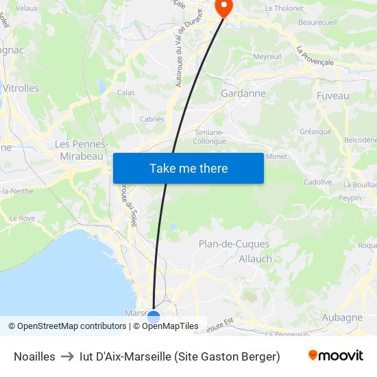 Noailles to Iut D'Aix-Marseille (Site Gaston Berger) map