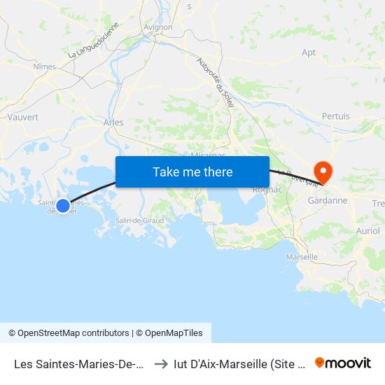 Les Saintes-Maries-De-La-Mer La Brise to Iut D'Aix-Marseille (Site Gaston Berger) map
