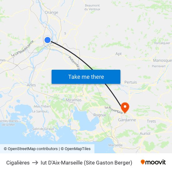 Cigalières to Iut D'Aix-Marseille (Site Gaston Berger) map