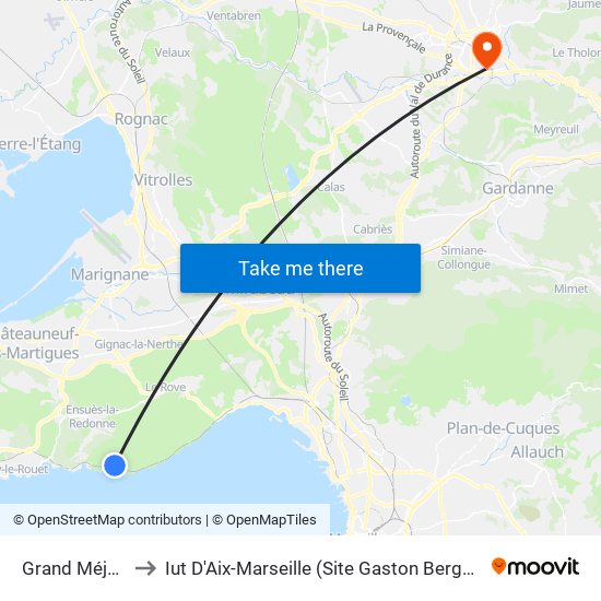 Grand Méjan to Iut D'Aix-Marseille (Site Gaston Berger) map