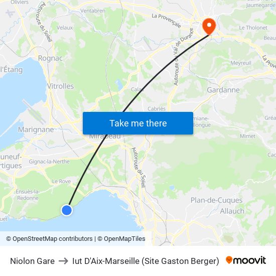 Niolon Gare to Iut D'Aix-Marseille (Site Gaston Berger) map