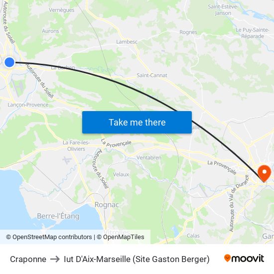 Craponne to Iut D'Aix-Marseille (Site Gaston Berger) map