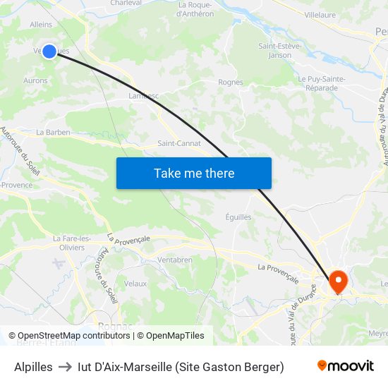 Alpilles to Iut D'Aix-Marseille (Site Gaston Berger) map