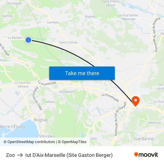 Zoo to Iut D'Aix-Marseille (Site Gaston Berger) map