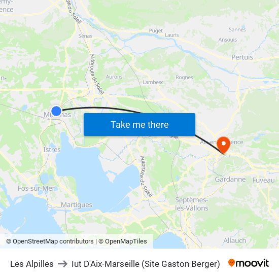 Les Alpilles to Iut D'Aix-Marseille (Site Gaston Berger) map