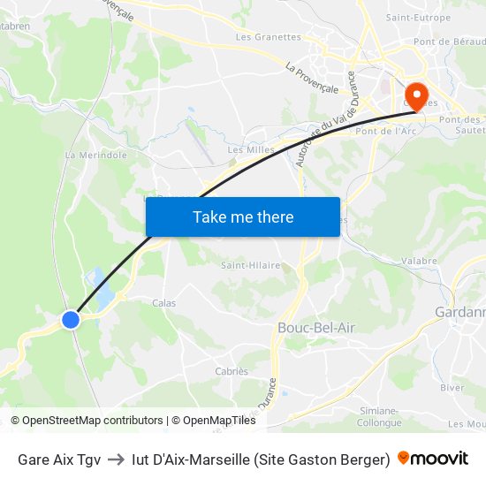 Gare Aix Tgv to Iut D'Aix-Marseille (Site Gaston Berger) map