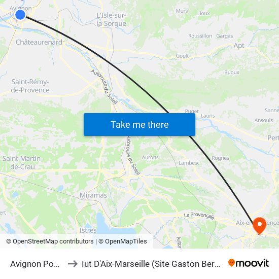 Avignon Poste to Iut D'Aix-Marseille (Site Gaston Berger) map