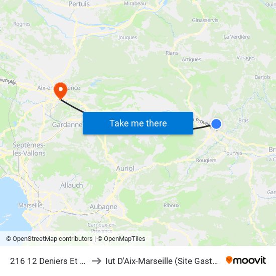 216 12 Deniers Et Auvière to Iut D'Aix-Marseille (Site Gaston Berger) map