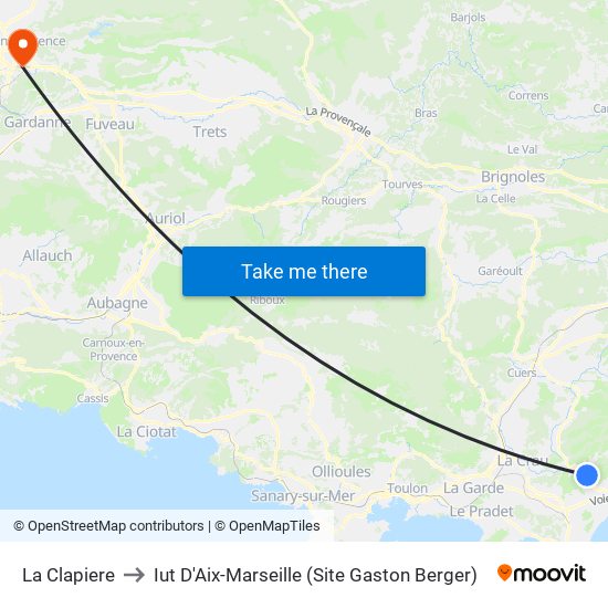 La Clapiere to Iut D'Aix-Marseille (Site Gaston Berger) map