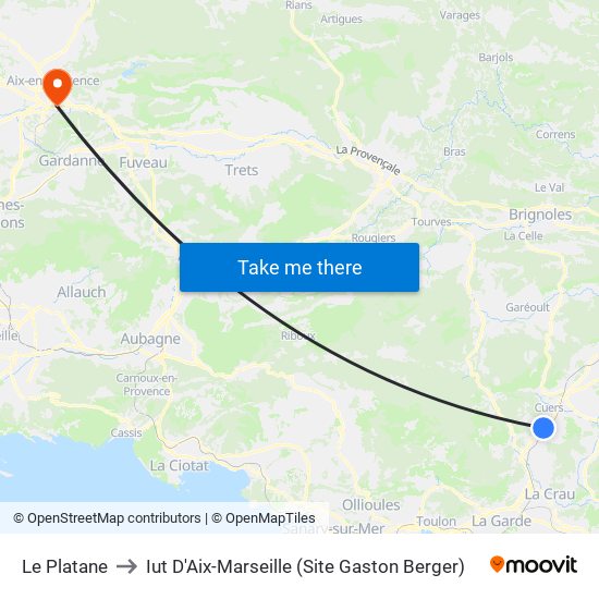 Le Platane to Iut D'Aix-Marseille (Site Gaston Berger) map