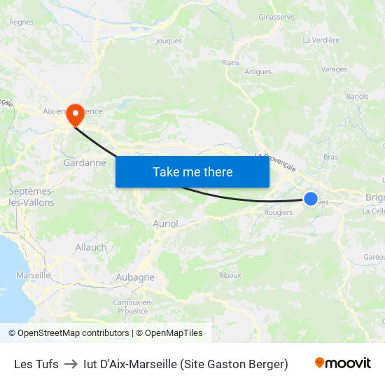 Les Tufs to Iut D'Aix-Marseille (Site Gaston Berger) map