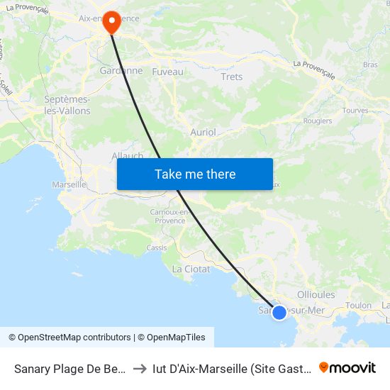 Sanary Plage De Beaucours to Iut D'Aix-Marseille (Site Gaston Berger) map