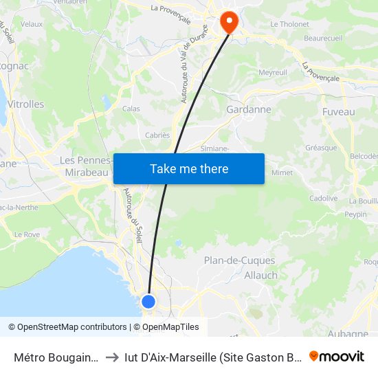 Métro Bougainville to Iut D'Aix-Marseille (Site Gaston Berger) map