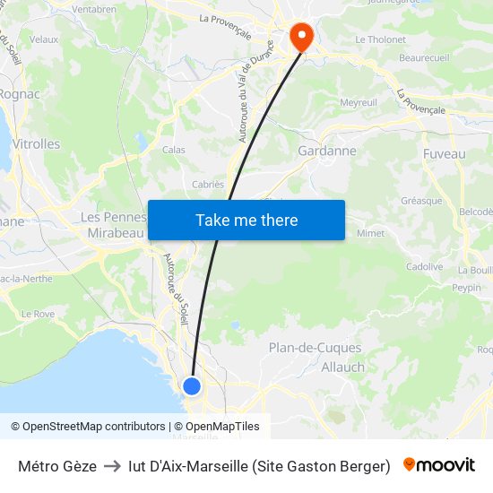 Métro Gèze to Iut D'Aix-Marseille (Site Gaston Berger) map