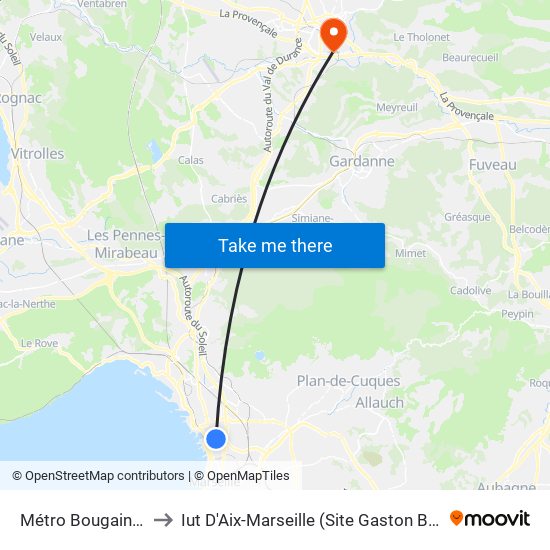 Métro Bougainville to Iut D'Aix-Marseille (Site Gaston Berger) map