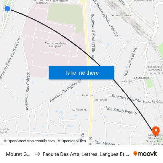 Mouret Gare Routière to Faculté Des Arts, Lettres, Langues Et Sciences Humaines - Site Schuman map