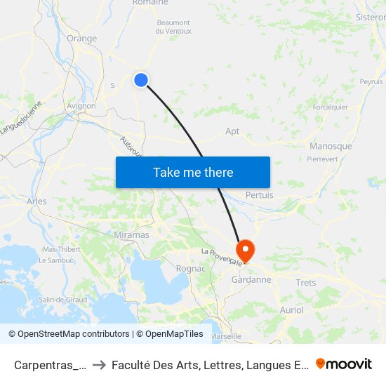 Carpentras_Marche Gare1 to Faculté Des Arts, Lettres, Langues Et Sciences Humaines - Site Schuman map