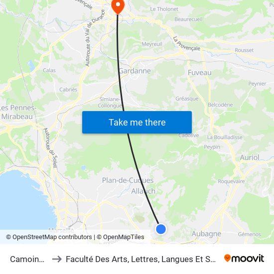 Camoins Les Clos to Faculté Des Arts, Lettres, Langues Et Sciences Humaines - Site Schuman map