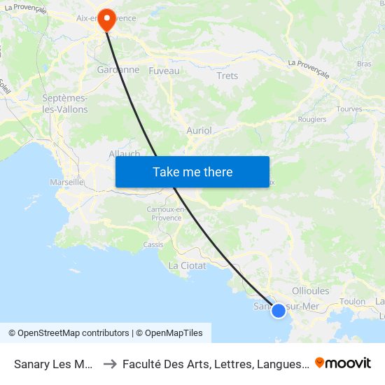 Sanary Les Marines De Portissol to Faculté Des Arts, Lettres, Langues Et Sciences Humaines - Site Schuman map