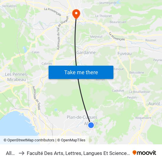 Allauch to Faculté Des Arts, Lettres, Langues Et Sciences Humaines - Site Schuman map