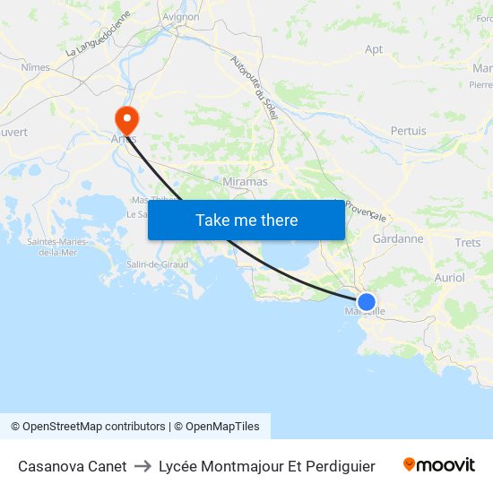 Casanova Canet to Lycée Montmajour Et Perdiguier map