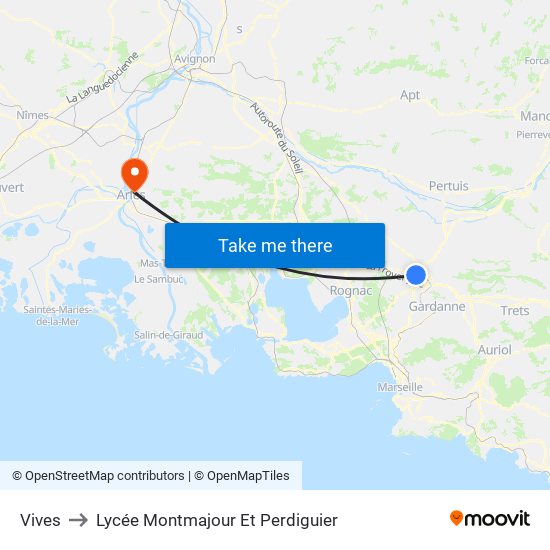 Vives to Lycée Montmajour Et Perdiguier map