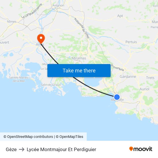 Gèze to Lycée Montmajour Et Perdiguier map
