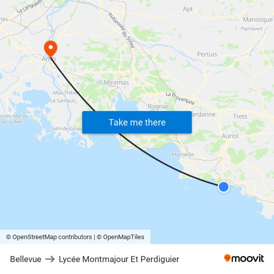 Bellevue to Lycée Montmajour Et Perdiguier map