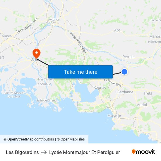 Les Bigourdins to Lycée Montmajour Et Perdiguier map