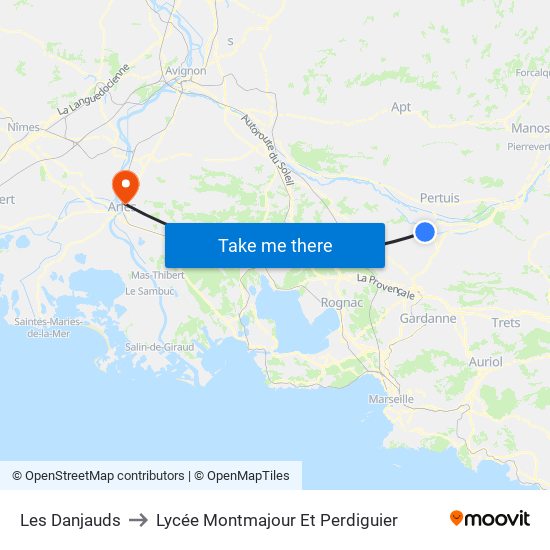 Les Danjauds to Lycée Montmajour Et Perdiguier map