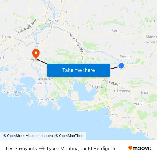 Les Savoyants to Lycée Montmajour Et Perdiguier map