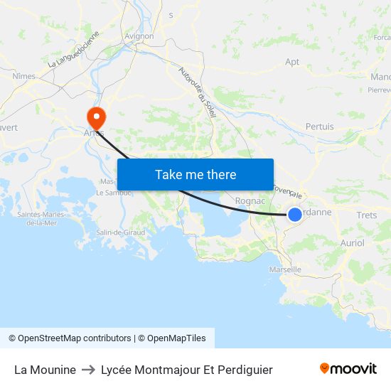 La Mounine to Lycée Montmajour Et Perdiguier map
