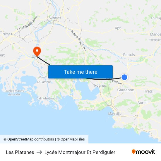 Les Platanes to Lycée Montmajour Et Perdiguier map