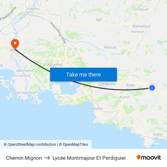 Chemin Mignon to Lycée Montmajour Et Perdiguier map