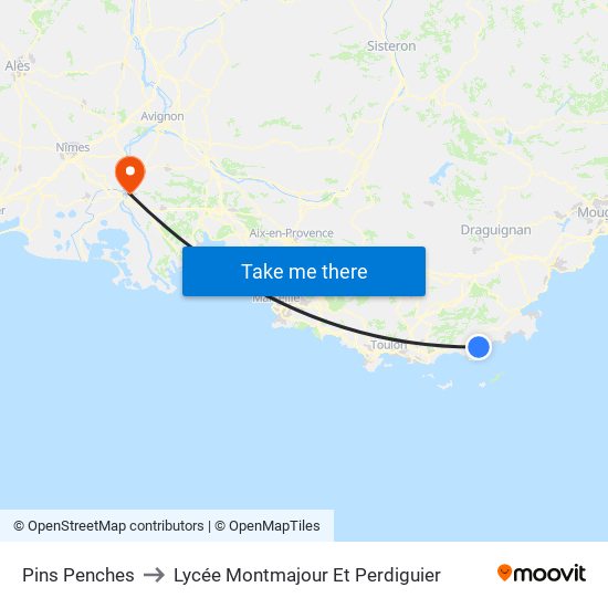 Pins Penches to Lycée Montmajour Et Perdiguier map