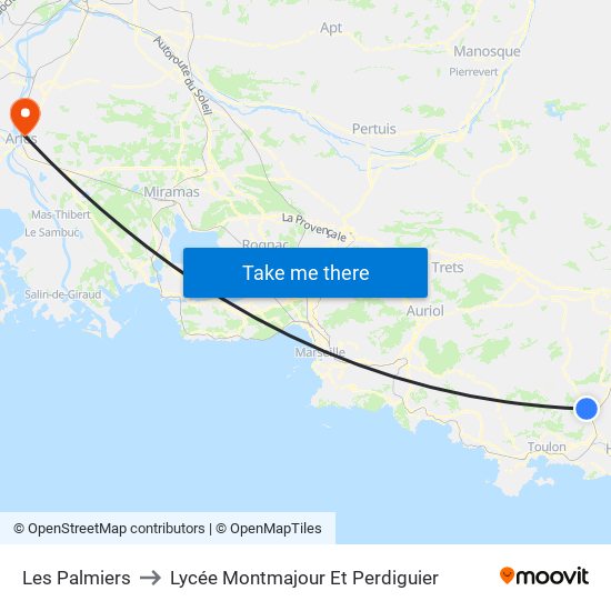 Les Palmiers to Lycée Montmajour Et Perdiguier map